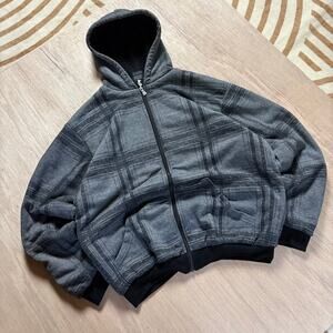 Original Deluxe Sherpa Plaid Zip Hoodie – Y2K Streetwear (Size XL, fits L–XL)